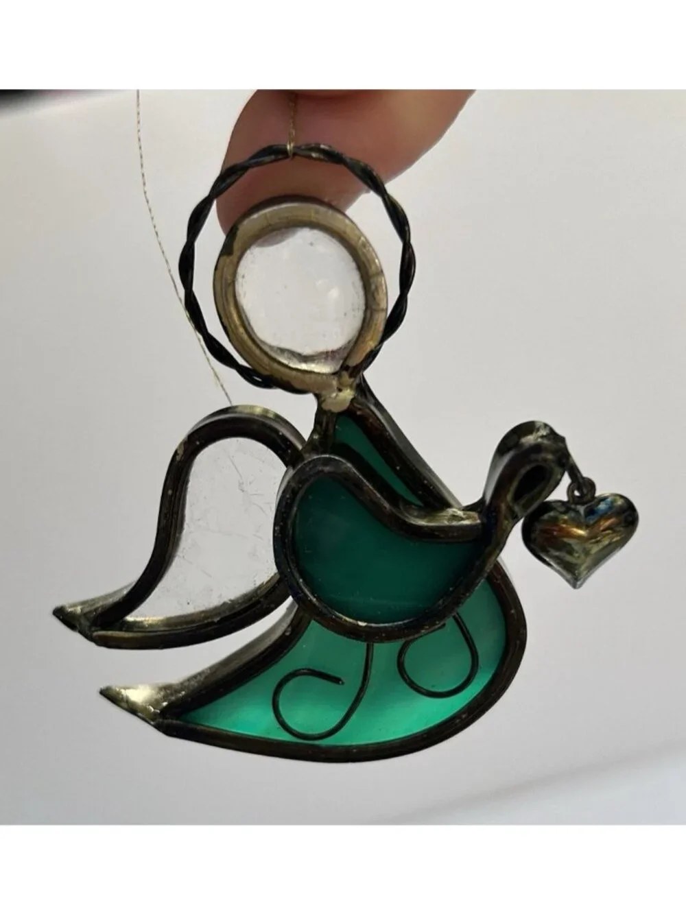 Vintage Stained Glass Angel Ornament Suncatcher Green w/ Hanging Heart 2.75